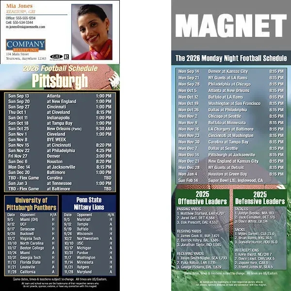 Full color pro football schedule magnets.  All professional teams available.... from ASI 46719 Corner Lot Marketing Inc / CLMPromotions
