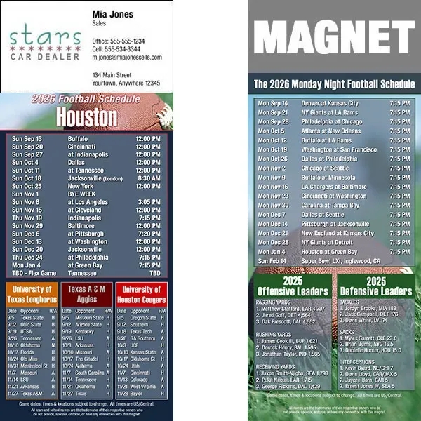Full color pro football schedule magnets.  All professional teams available.... from ASI 46719 Corner Lot Marketing Inc / CLMPromotions
