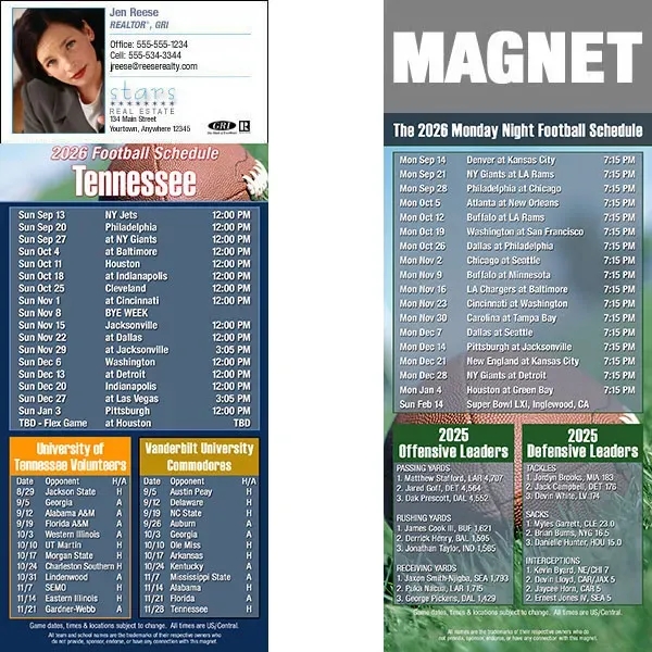 Full color pro football schedule magnets.  All professional teams available.... from ASI 46719 Corner Lot Marketing Inc / CLMPromotions