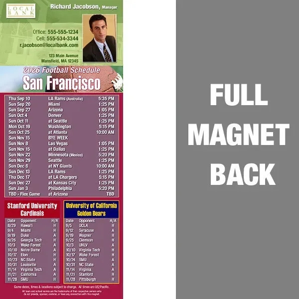 Pro football schedule Full/Vinyl magnets.  All professional teams available.... from ASI 46719 Corner Lot Marketing Inc / CLMPromotions
