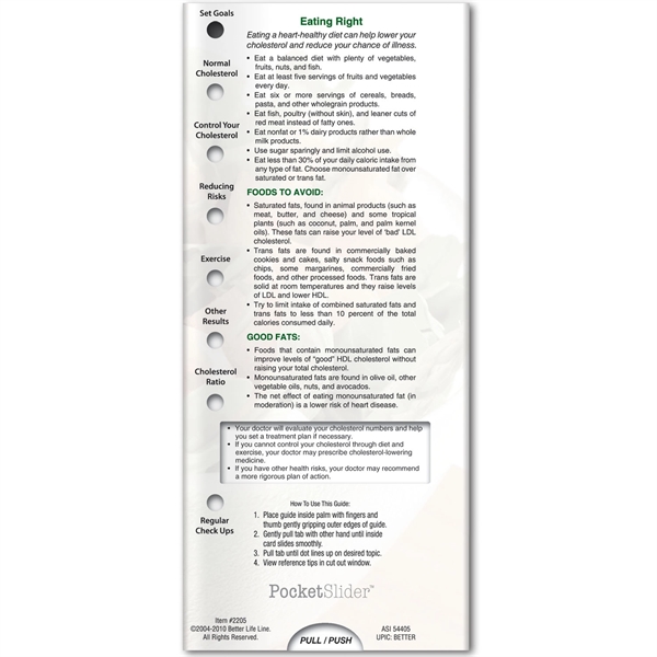 Pocket Slider™ - Controlling Your Cholesterol with tips on what foods... from ASI 54100 Fields Manufacturing Inc / Better Life Line