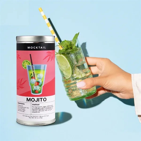 Sophisticated alcohol-free mocktails in tins with 10 silk pyramid sachets-cocktail flavor... from ASI 93986 Visions/Awardcraft