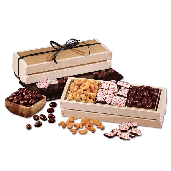 Wooden crate with cashews, peppermint bark, and chocolate almonds.... from ASI 68680 Maple Ridge Farms Inc