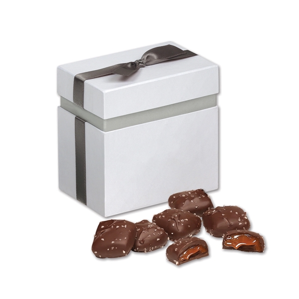 Shimmering white gift box filled with 8 chocolate sea salt caramels.... from ASI 68680 Maple Ridge Farms Inc