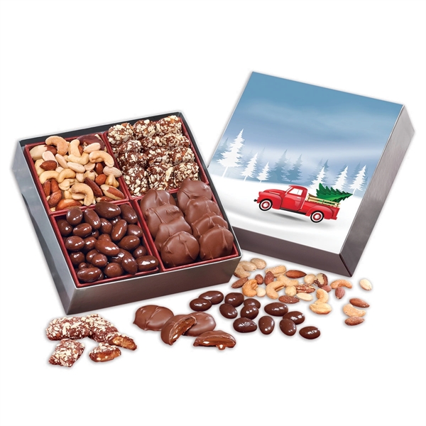 Gift box with a classic red truck sleeve filled with chocolates... from ASI 68680 Maple Ridge Farms Inc