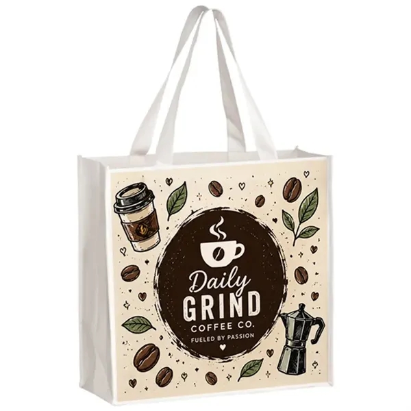 Laminated shopper tote with 5 inch gusset and full color imprint,... from ASI 67557 LimeLight Ent / Limelight USA