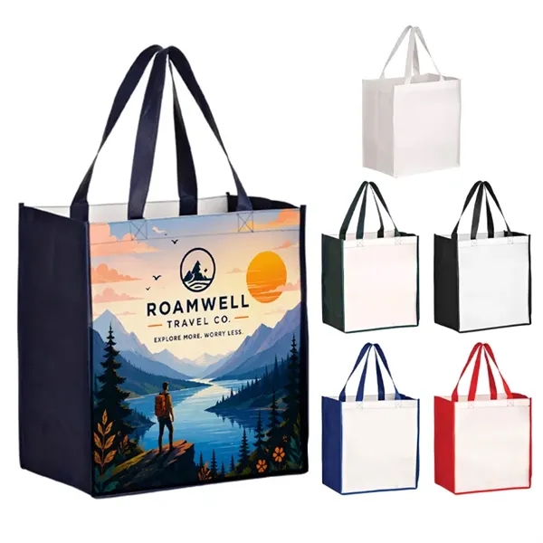 Extra capacity laminated shopper tote with full color imprint, promotional, custom... from ASI 67557 LimeLight Ent / Limelight USA