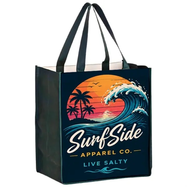 Extra capacity laminated shopper tote with full color imprint, promotional, custom... from ASI 67557 LimeLight Ent / Limelight USA