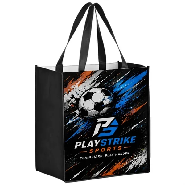 Extra capacity laminated shopper tote with full color imprint, promotional, custom... from ASI 67557 LimeLight Ent / Limelight USA