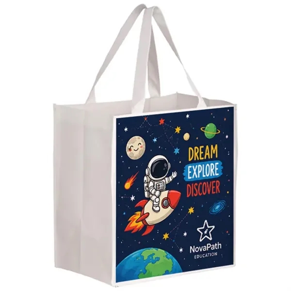 Extra capacity laminated shopper tote with full color imprint, promotional, custom... from ASI 67557 LimeLight Ent / Limelight USA