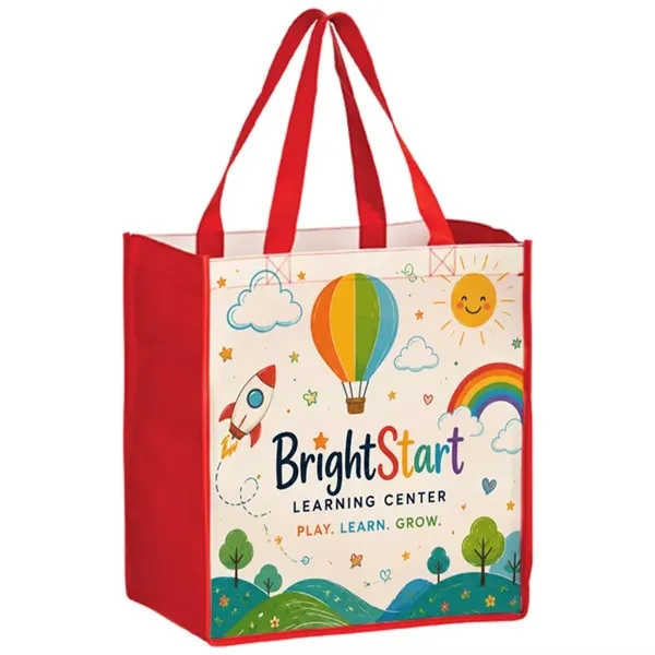 Extra capacity laminated shopper tote with full color imprint, promotional, custom... from ASI 67557 LimeLight Ent / Limelight USA