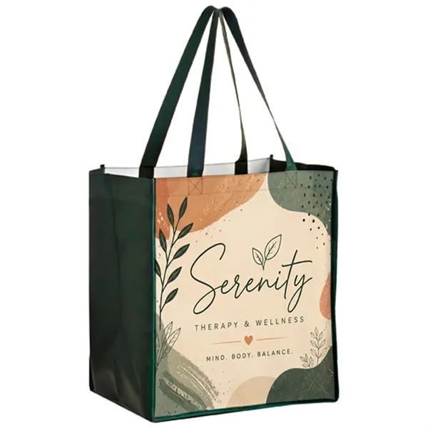 Laminated reusable grocery tote with wide gusset and full color imprint,... from ASI 67557 LimeLight Ent / Limelight USA