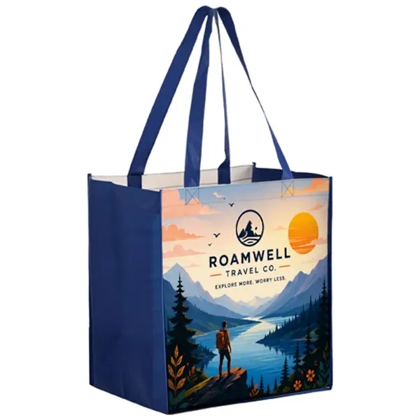 Laminated reusable grocery tote with wide gusset and full color imprint,... from ASI 67557 LimeLight Ent / Limelight USA