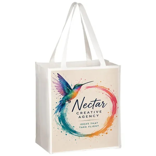 Laminated reusable grocery tote with wide gusset and full color imprint,... from ASI 67557 LimeLight Ent / Limelight USA