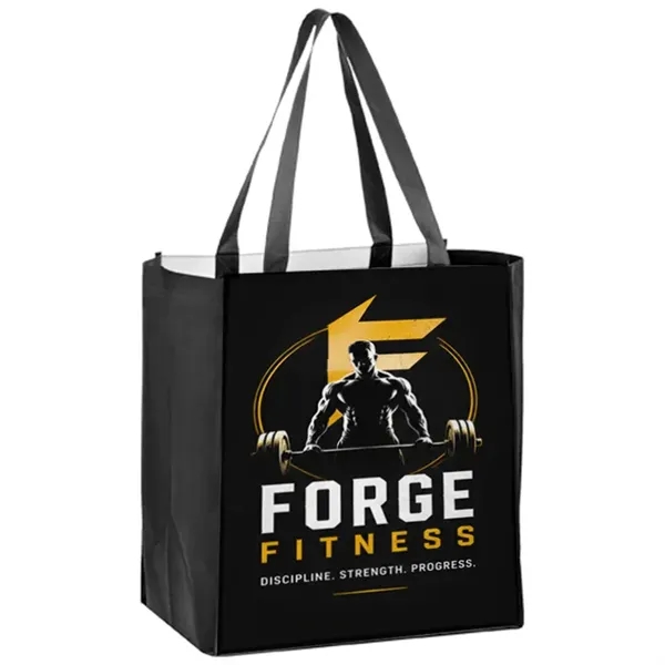 Laminated reusable grocery tote with wide gusset and full color imprint,... from ASI 67557 LimeLight Ent / Limelight USA
