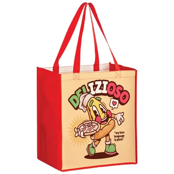 Laminated reusable grocery tote with wide gusset and full color imprint,... from ASI 67557 LimeLight Ent / Limelight USA