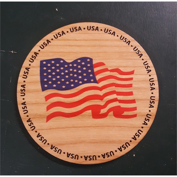 3.5" x 3.5" x .1875" round hardwood waving American flag printed... from ASI 92531 Unique Custom Products / UCP