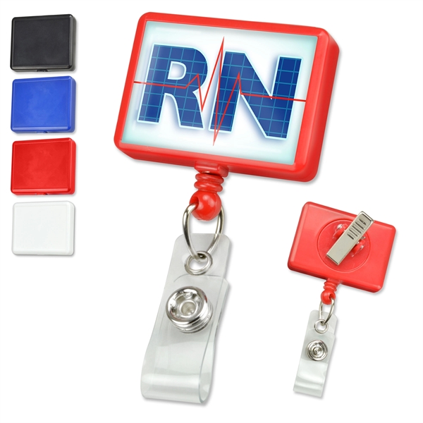 Extra-large rectangular plastic custom badge reels attract more attention. Belt clip... from ASI 79898 Promovision / PROMOVISION