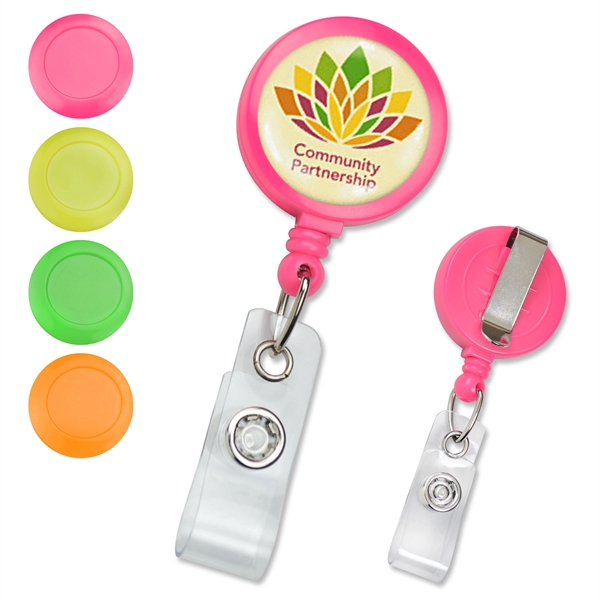 Economical neon-colored custom badge reels really stand out! Slide-type belt clip... from ASI 79898 Promovision / PROMOVISION