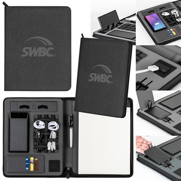 Cambridge wireless charging portfolio with removable powerbank, notepad, organization panel and... from ASI 88060 Snugz/USA Inc / Sweda®