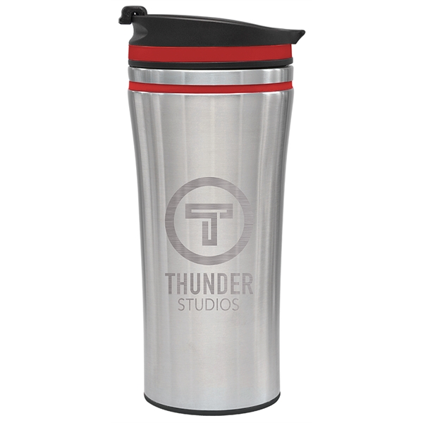 14 oz. travel tumbler with double-wall stainless steel construction and color-accented... from ASI 71920 Moderne Glass Company Inc / Glass America®