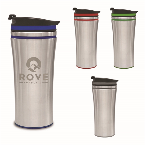 14 oz. travel tumbler with double-wall stainless steel construction and color-accented... from ASI 71920 Moderne Glass Company Inc / Glass America®