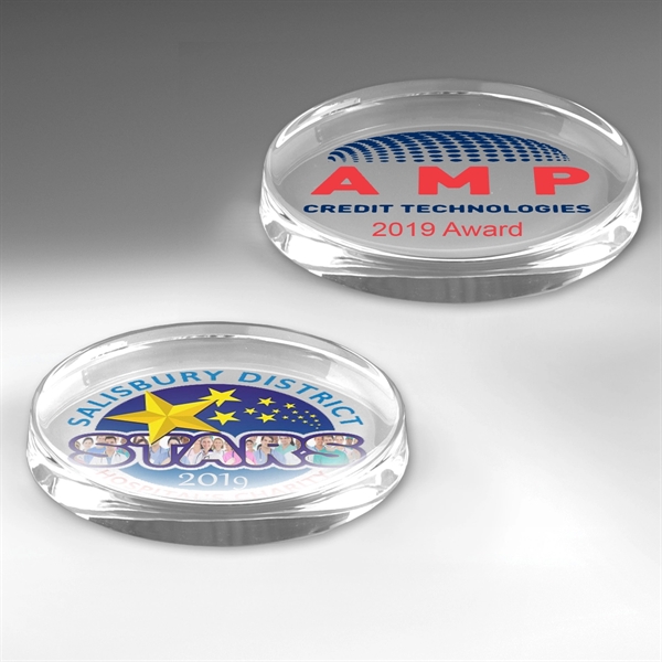 3" x 5" x 3/4" oval-shaped glass paperweight with customization options.... from ASI 62660 Innovation Line