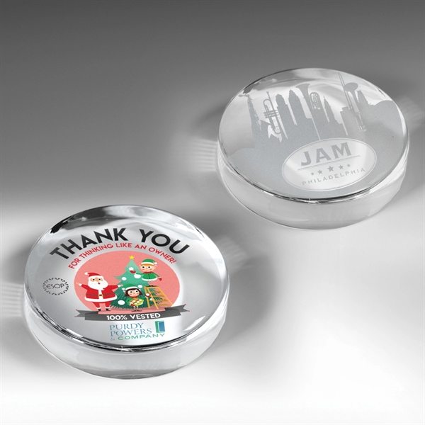 2 7/8" x 2 7/8" x 1" round glass paperweight with... from ASI 62660 Innovation Line
