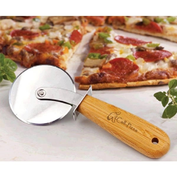 0.625" x 3.1875" x 7.75" stainless steel pizza cutter with bamboo... from ASI 99030 Zipline