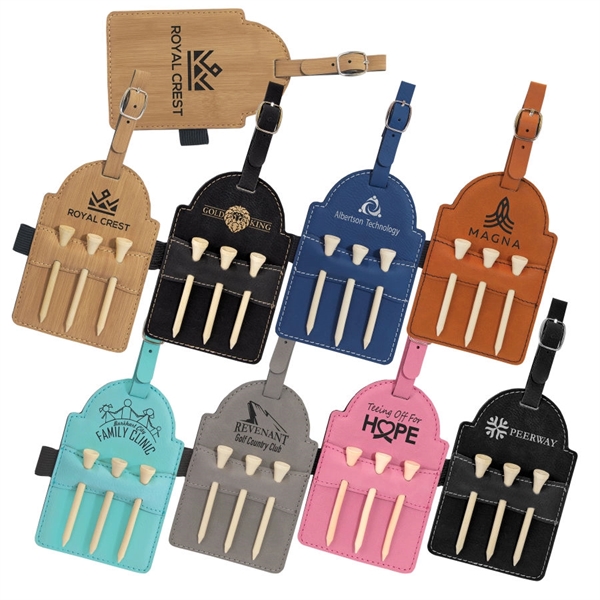 Golf bag tag made of leatherette material with three tees and... from ASI 92531 Unique Custom Products / UCP