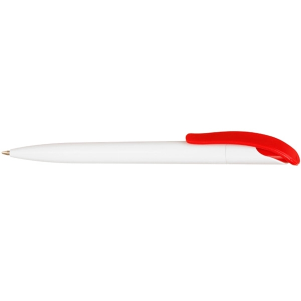 Customizable white plastic pen with colorful plunger action mechanism and clip.... from ASI 39552 BEL Promo