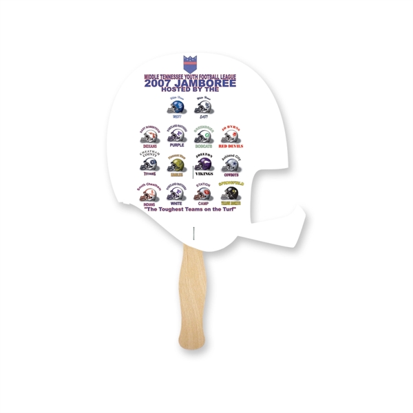 Helmet shaped full color sandwiched style hand fans.... from ASI 93520 Ventura Inc