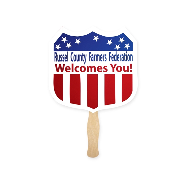 Shield shaped full color sandwiched style hand fans.... from ASI 93520 Ventura Inc