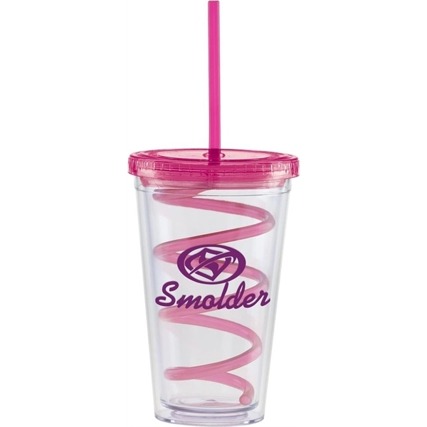 16 oz. Clear tumbler with colored curly straw and lid.... from ASI 71920 Moderne Glass Company Inc / Glass America®
