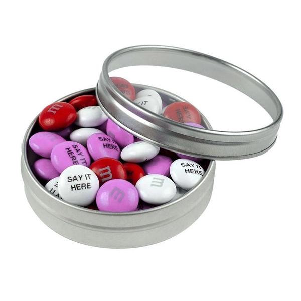 Silver tin that's filled with your color choice blend of M&M's... from ASI 44900 NC Custom (CI/Lanco) / Chocolate Inn