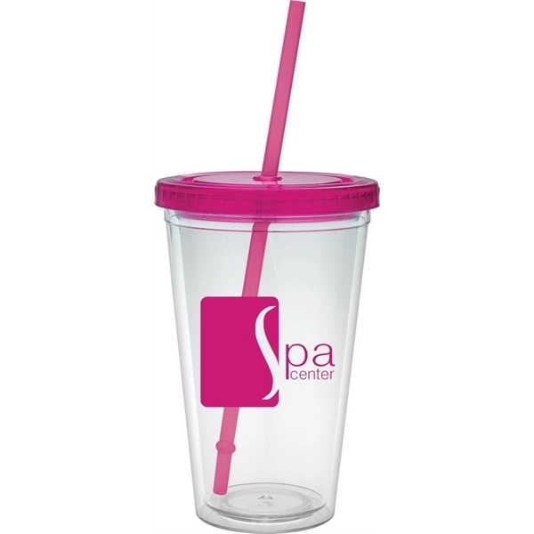16 oz. clear tumbler with double-wall construction, lid and colored straw.... from ASI 71920 Moderne Glass Company Inc / Glass America®