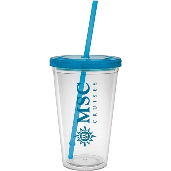 16 oz. clear tumbler with double-wall construction, lid and colored straw.... from ASI 71920 Moderne Glass Company Inc / Glass America®