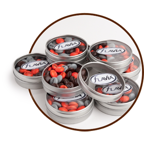 Silver tin that's filled with your color choice blend of M&M's... from ASI 44900 NC Custom (CI/Lanco) / Chocolate Inn