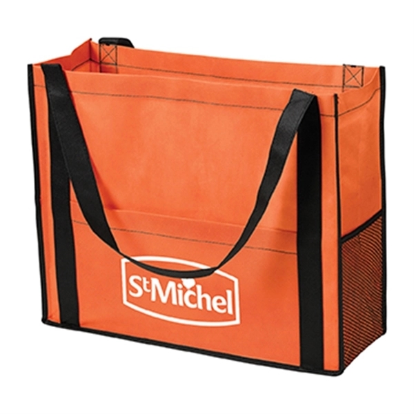 Non-woven tote bag with gusset, two-tone design, black handles, piping and... from ASI 52840 Evans Manufacturing