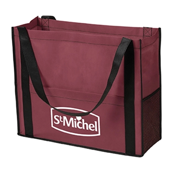 Non-woven tote bag with gusset, two-tone design, black handles, piping and... from ASI 52840 Evans Manufacturing