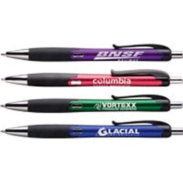 Ergonomically shaped click-action pen with black grip, black ink, shimmering metallic... from ASI 61966 HPG / Hub Pen