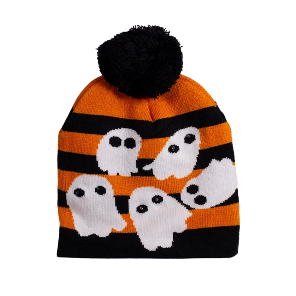 Knit hat with a black pom pom, black and orange striped... from ASI 42016 Brighter Promotions Inc