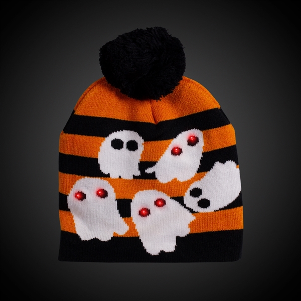 Knit hat with a black pom pom, black and orange striped... from ASI 42016 Brighter Promotions Inc