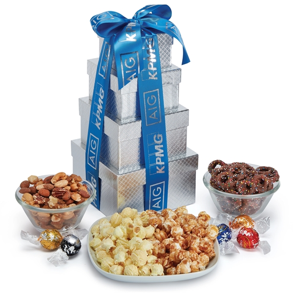 Silver-boxed gift tower featuring popcorn, milk chocolate covered sprinkled pretzels, deluxe... from ASI 71685 Midnite Snax®