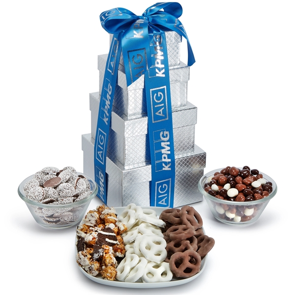 Silver-boxed gift tower featuring popcorn, yogurt and chocolate covered pretzels and... from ASI 71685 Midnite Snax®