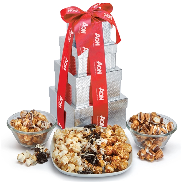 Silver-boxed gift tower featuring an assortment of popcorn.... from ASI 71685 Midnite Snax®
