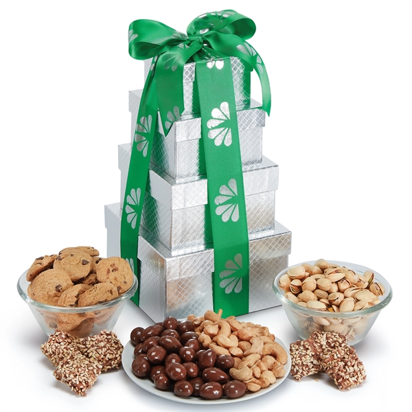 Silver-boxed gift tower featuring English butter toffee, nuts, milk chocolate covered... from ASI 71685 Midnite Snax®