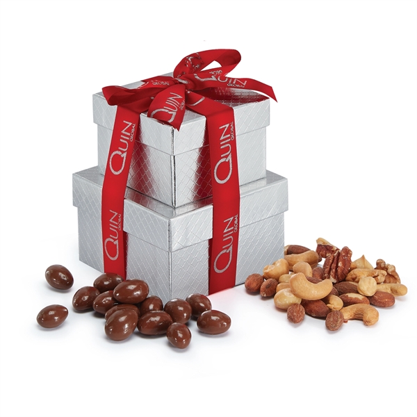 Silver-boxed gift tower featuring milk chocolate almonds and mixed nuts.... from ASI 71685 Midnite Snax®