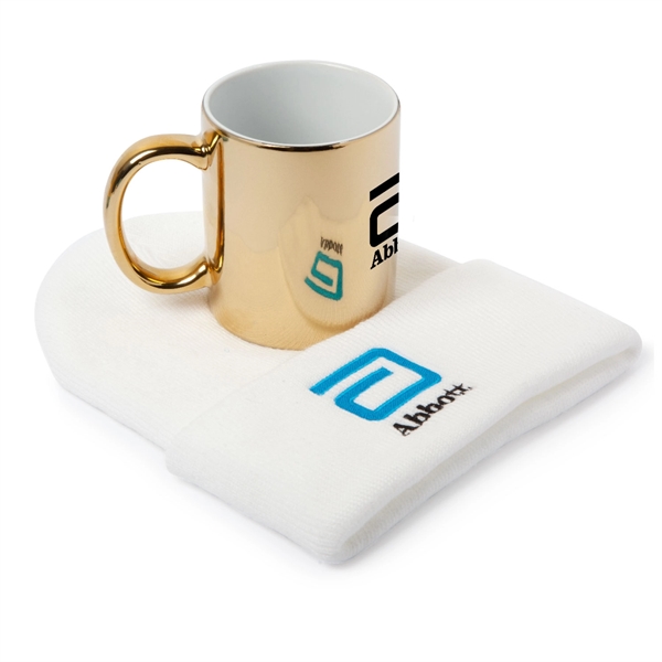 Gift set featuring a gold metallic mug and a beanie inside... from ASI 44900 NC Custom (CI/Lanco)
