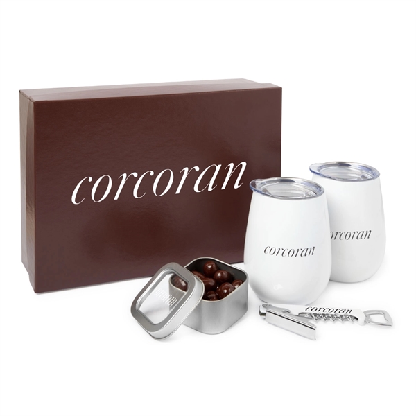 Brown gift box containing 2 stemless wine tumblers, a bottle opener,... from ASI 44900 NC Custom (CI/Lanco)